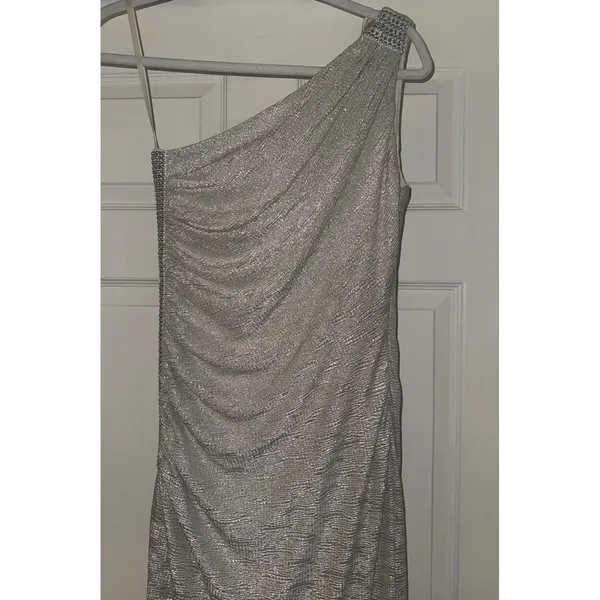 Caché Floor Length Shimmer Silver One Shoulder Evening Gown Size 2 - Image 3