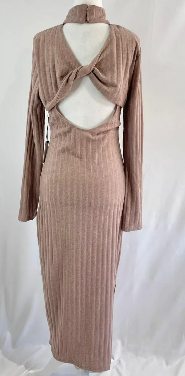 Floret Studios New Twist Open Back Long Sleeve Ribbed Sweater Dress Mocha - Image 10