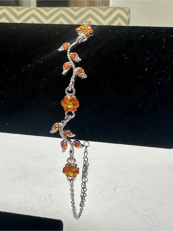 Silver Floral Bracelet with Bright Orange Crystal Accents - Image 13