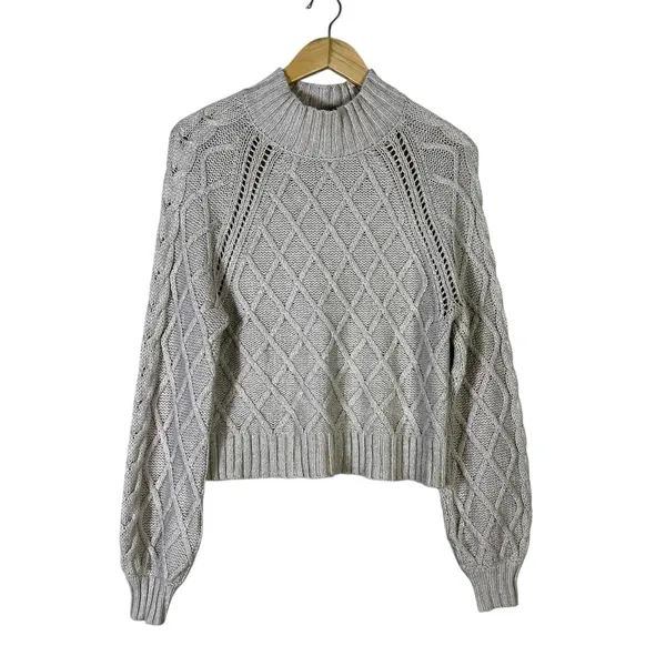 American Eagle Diamond Cable Pointelle Sweater Gray Mock Neck Balloon Size S - Image 2