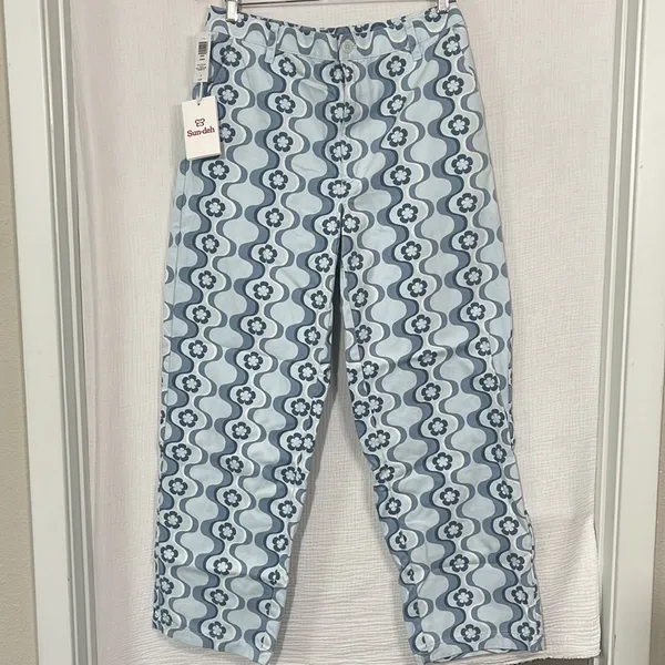 Aritzia Sun-deh Jaden 70's Vector Blue Geo Floral Twill Cotton Pant‎ wide leg 12 - Image 4