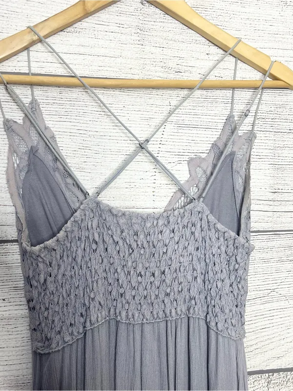 Free People Adella Crochet Lace Maxi Slip Dress in Light Gray Size Medium - Image 8
