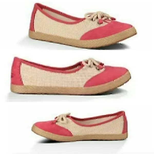 UGG Catrin Crochet Slip Ons Coral Red Pink Beige Espadrille LEATHER Flats US 8 - Image 4