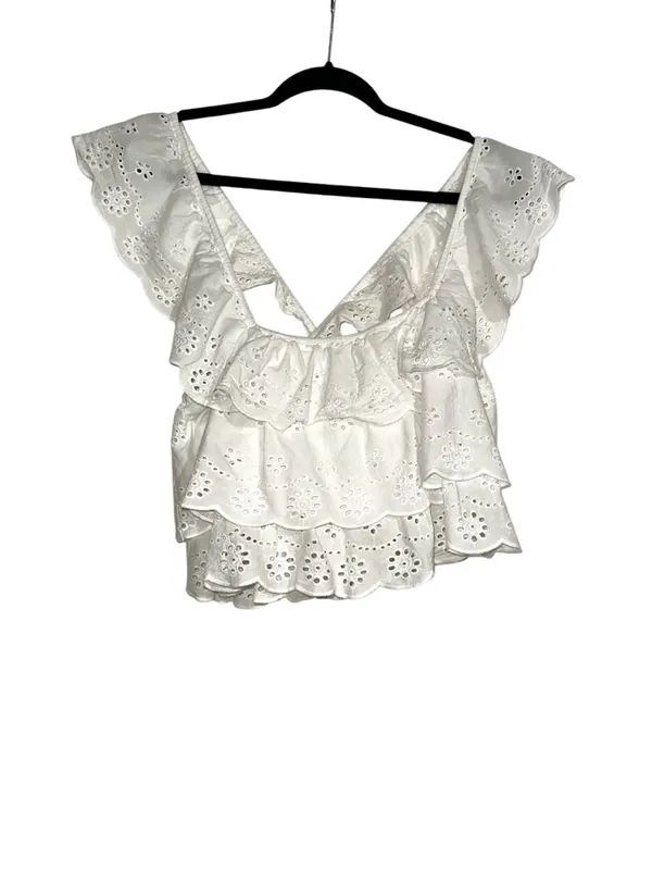 Show Me Your Mumu Girly White Eyelet Ruffle Square Neck Cotton Crop Top SMALL - Image 3