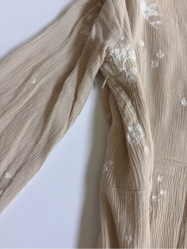 Free People Size 6 Embroidered Floral Bell Sleeve Mini Dress Beige Boho - Image 6