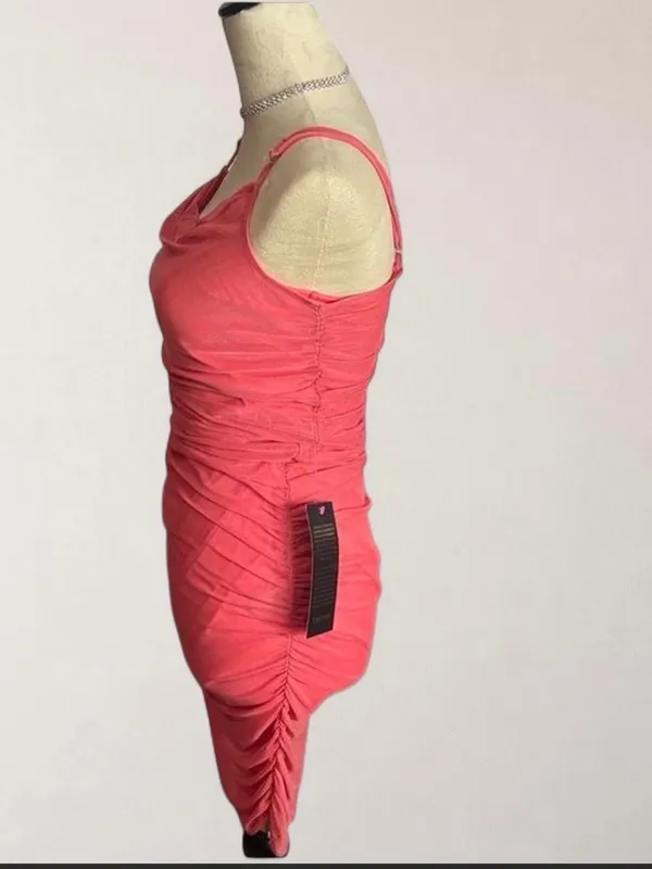 Bebe Coral Ruched Power Mesh Bodycon Mini Dress Size M Made in USA - Image 3
