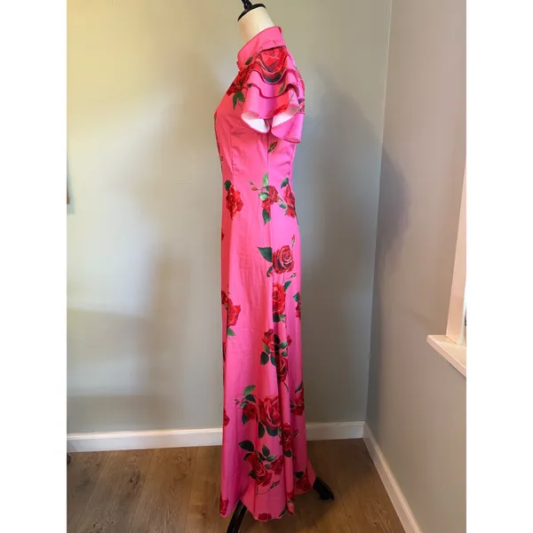 Pink Floral Rose Cheongsam Maxi Dress Mandarin Ruffle M y2k romantic dainty boho - Image 4