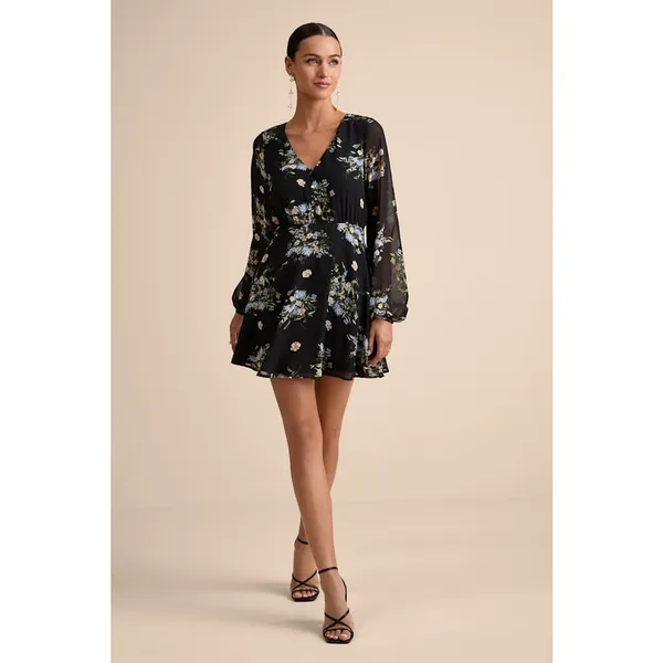NWT Lulus Always Your Black Floral Print Long Sleeve Skater Dress Cruise Size M - Image 8