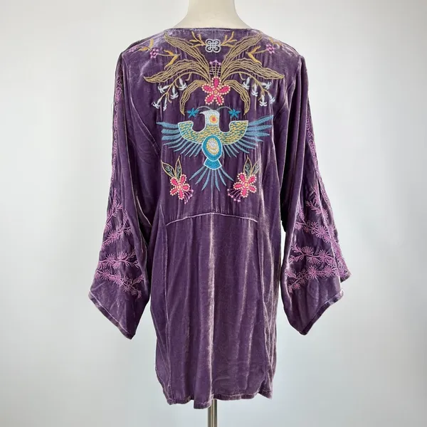 NWOT Johnny Was Silk Blend Velvet Floral Embroidered Tunic Blouse Purple Size XL - Image 8