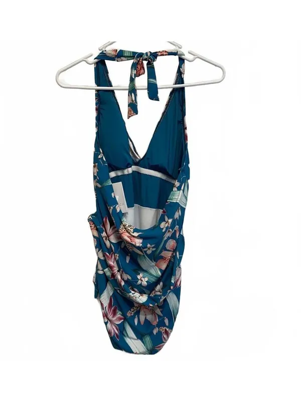 La Blanca Teal Floral Wrap One Piece Halter Tummy Control Swimsuit Size 12 - Image 4