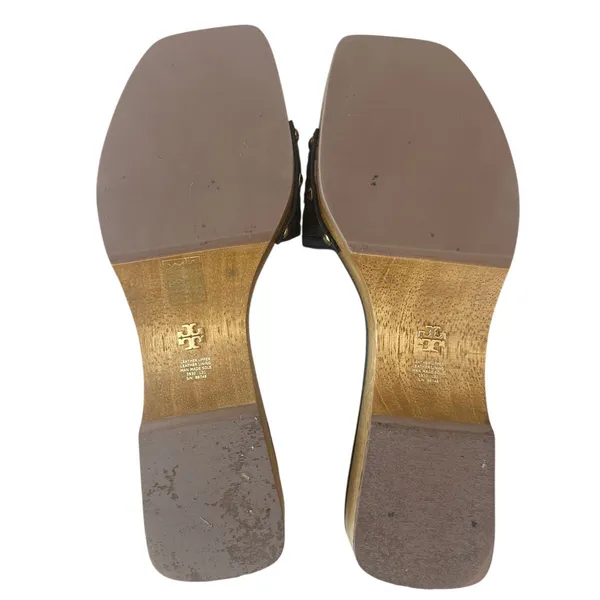 Tory Burch Basketweave Leather Clogs Black Wood Platform‎ 9 - Image 7