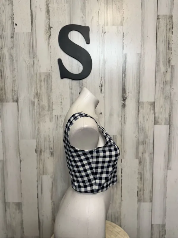 C-Mode Gingham Plaid Square Neck Crop Top Womens S Navy Blue White Tank - Image 5