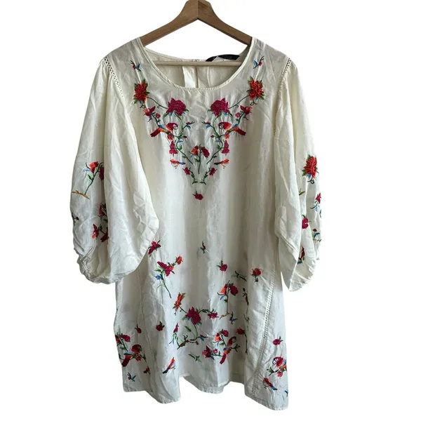 Zara Collection Dress Sz L Cotton Silk Blend Puff Sleeve Floral Embroidered - Image 2