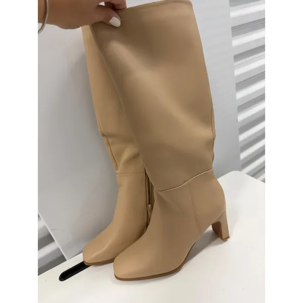 Nude Beige Faux Leather Square Toe Knee High Block Heel Boots Size 40 - Image 2