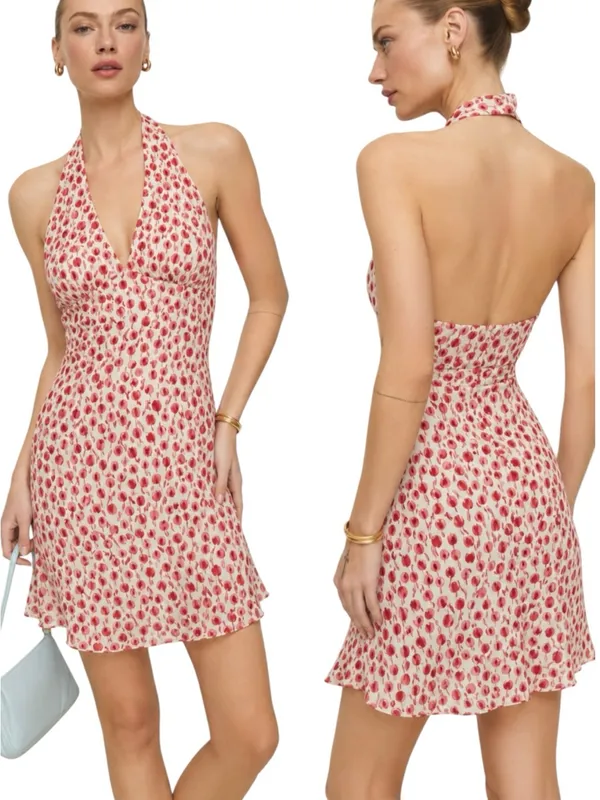 REFORMATION Delanie Mini Halter Dress in Alma Floral Tulip Print Size M - Image 2
