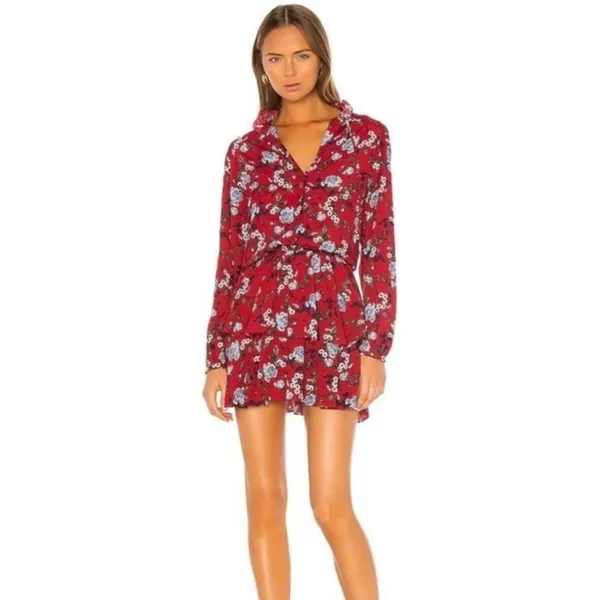 Yumi Kim Red Floral Ruffle Tiered Mini Dress Long Sleeve Smocked Waist Size‎ S - Image 3
