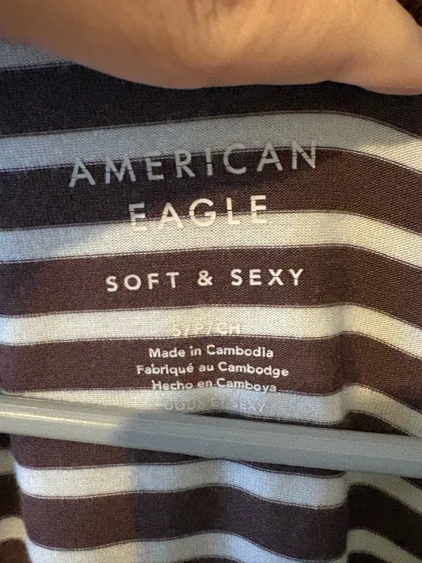 American Eagle Brown & White Striped V-Neck Tee - Image 4