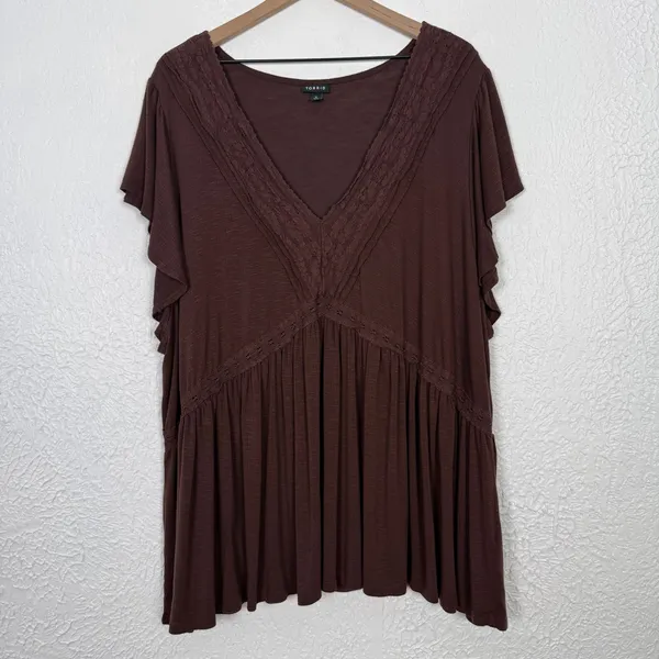 Torrid Knit V-Neck Lace Inset Babydoll Top Brown Size 5 - Image 2