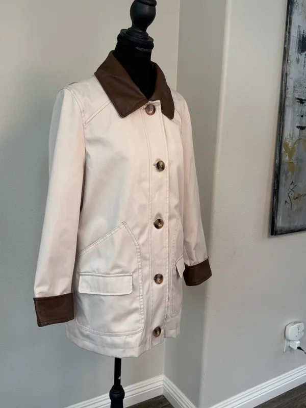 Sanctuary Cream Barn Jacket With Brown Faux Leather Trim M - Image 3