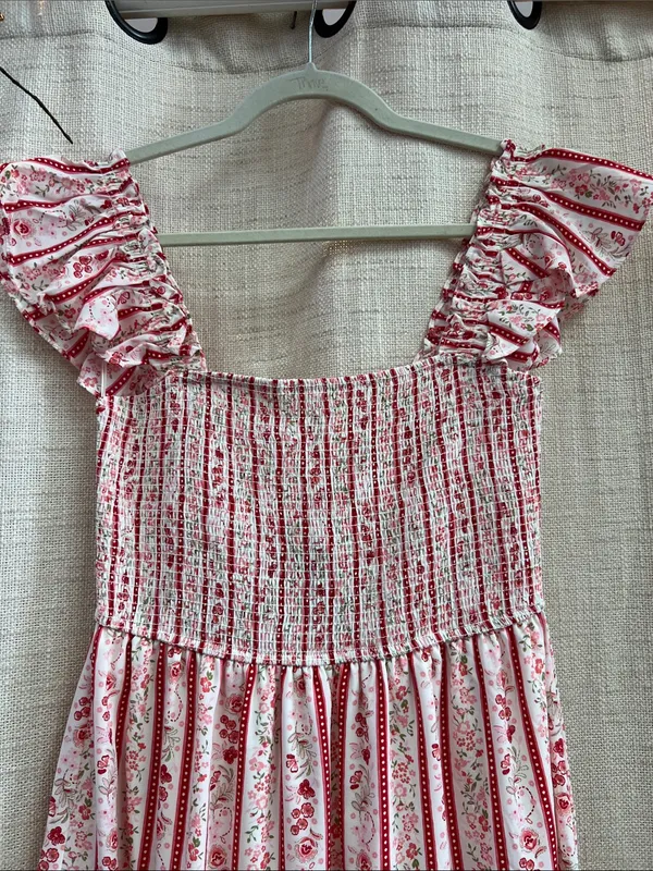Blu Pepper Stripe Floral Pattern Smocked Tiered Midi Dress Last One Size Small - Image 6