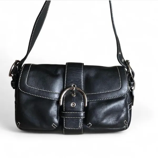 Black Leather Shoulder Bag with Buckle Detail - Image 3