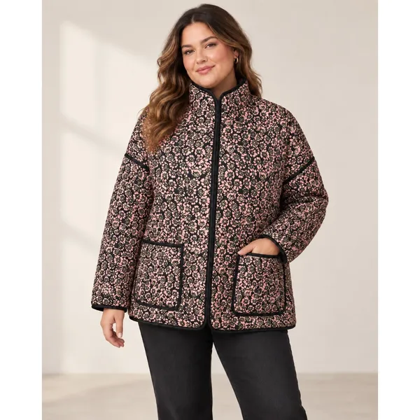 Floral Quilted Puffer Jacket Pink Green Black Open Front Pockets Large - Image 8