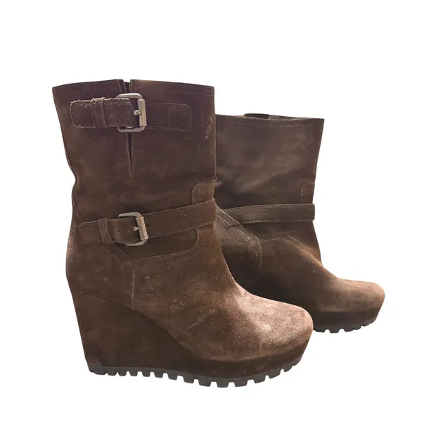 Prada Sport Brown Suede Double‎ Buckle Wedge Lug Sole Mid Calf Moto Boots 37.5 - Image 2