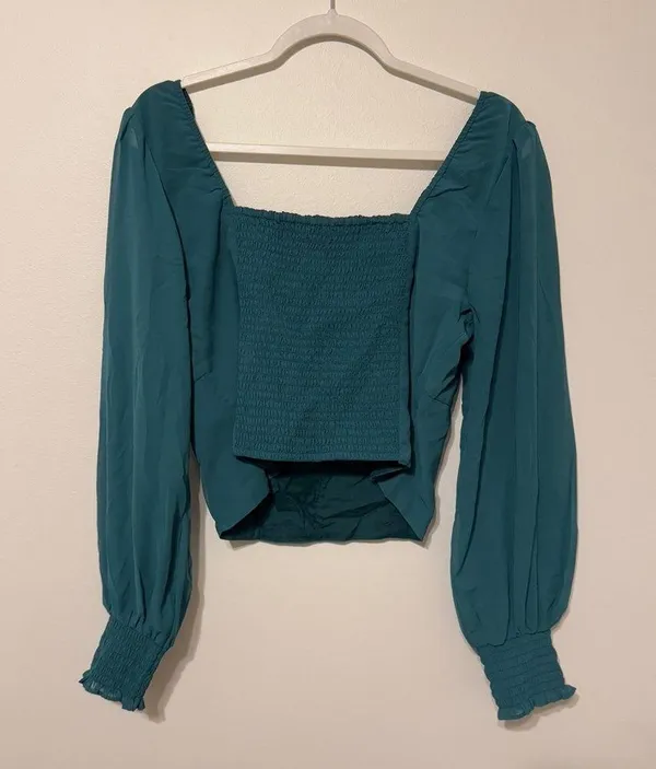 NEW Abercrombie & Fitch Long Sleeve Poplin Square Neck Top Large Emerald Green - Image 6
