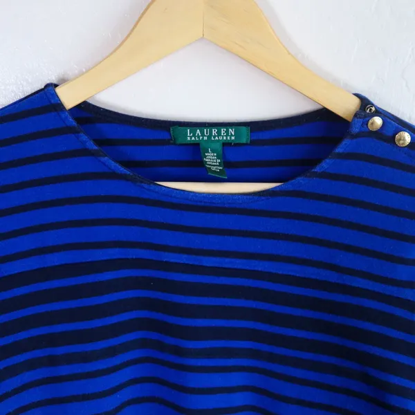 Lauren Ralph Lauren Blue Black Stripe Boat Neck 3/4 Sleeve Shirt‎ Top Womens L - Image 12