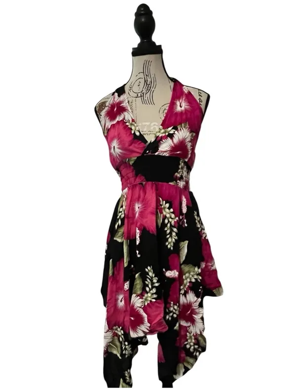 Advance Brand Y2K Hibiscus Tropical Floral Halter Dress Black Pink High Low Hem - Image 3