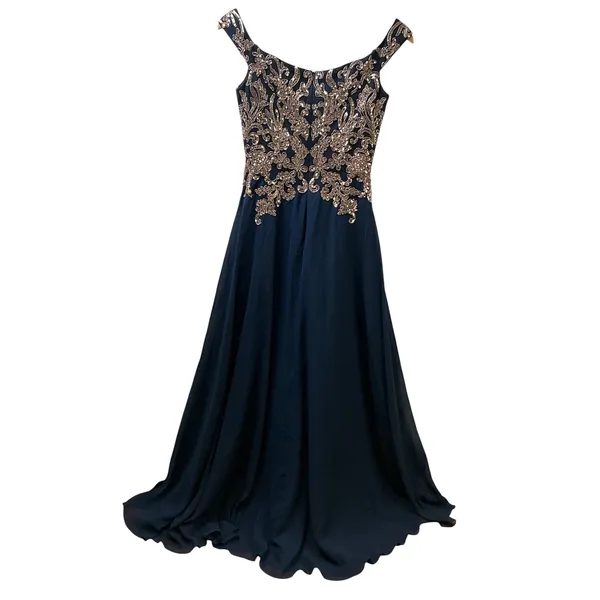 Betsy & Adam Navy Blue Gold Sequin Embroidered Gown ‎ Size 2 Sweetheart V-Back - Image 11
