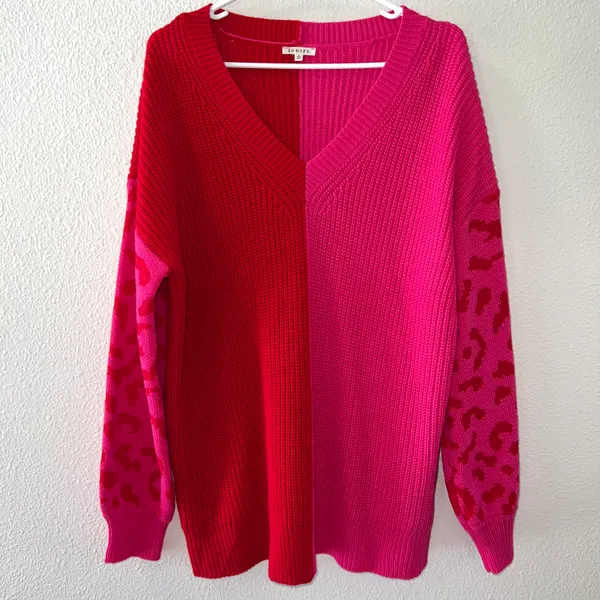 Red & Pink Two Toned V Neck Knit Pullover Leopard Print Sweater - Image 2