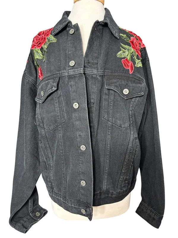 Carmar Black Denim Jacket with Red Rose Embroidery Size M - Image 2