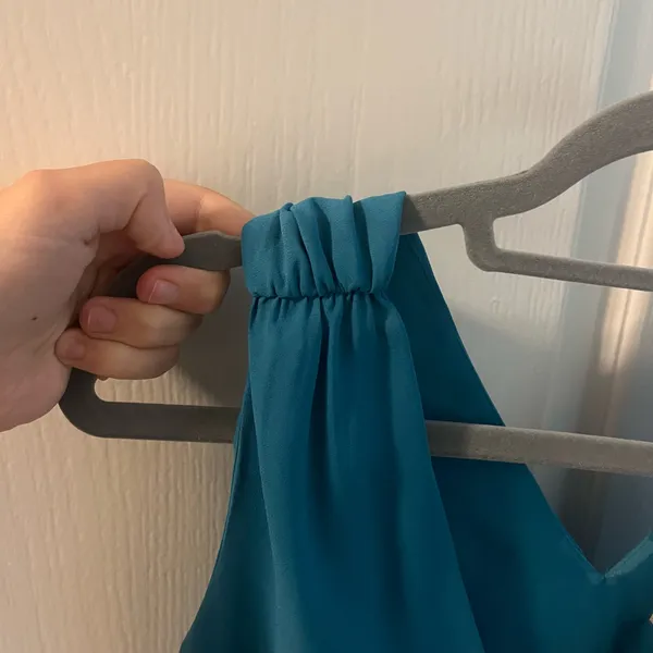 LOFT Teal Blue V-Neck Scrunched Shoulder Ruffle Blouse Size Small - Image 2
