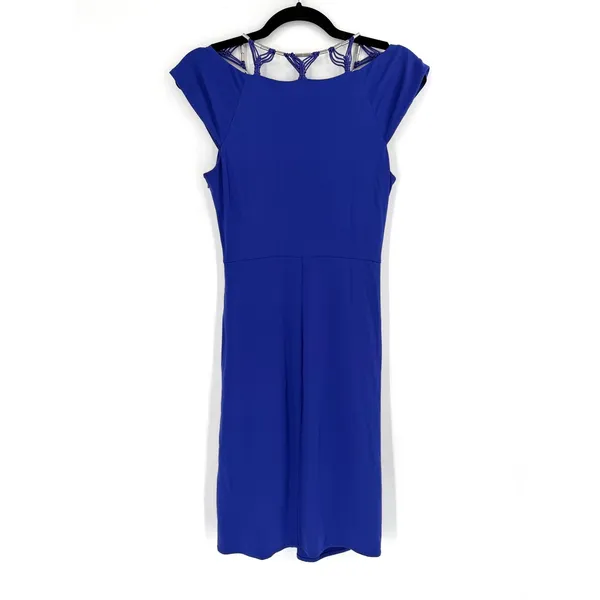 Karen Millen Royal‎ Blue Draped Ruched Bodycon Dress S Cage Neck Cocktail Glam - Image 14