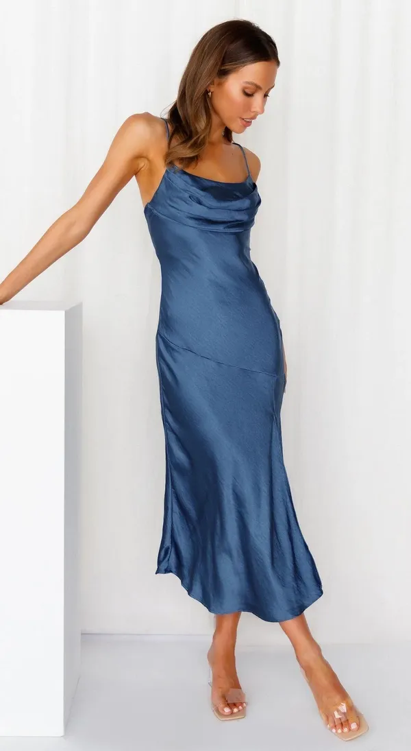 Hello Molly LYCHEE MARTINI SATIN MIDI DRESS NAVY - Image 4