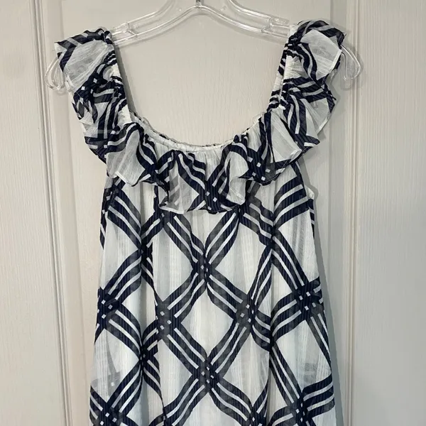 Ann Taylor Navy Blue White Plaid‎ Ruffle Neck Chiffon Midi Dress 6 561128 - Image 5