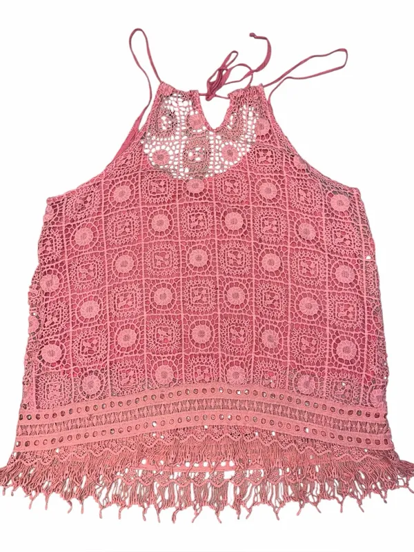 Rue 21 Pink Crochet Fringe Tank Top Boho Festival Beach Cami Lined L - Image 5