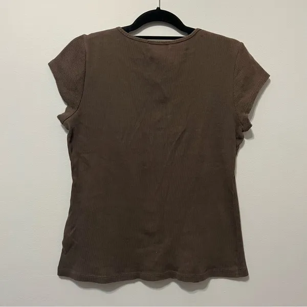 Liz Claiborne Chocolate Brown Y2K Style Ribbed Cotton Top Size L - Image 3