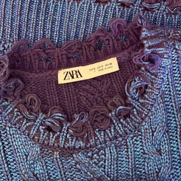 ZARA Metallic Blue Cropped‎ Sweater Cableknit Distressed Cable Knit Crop Small - Image 11