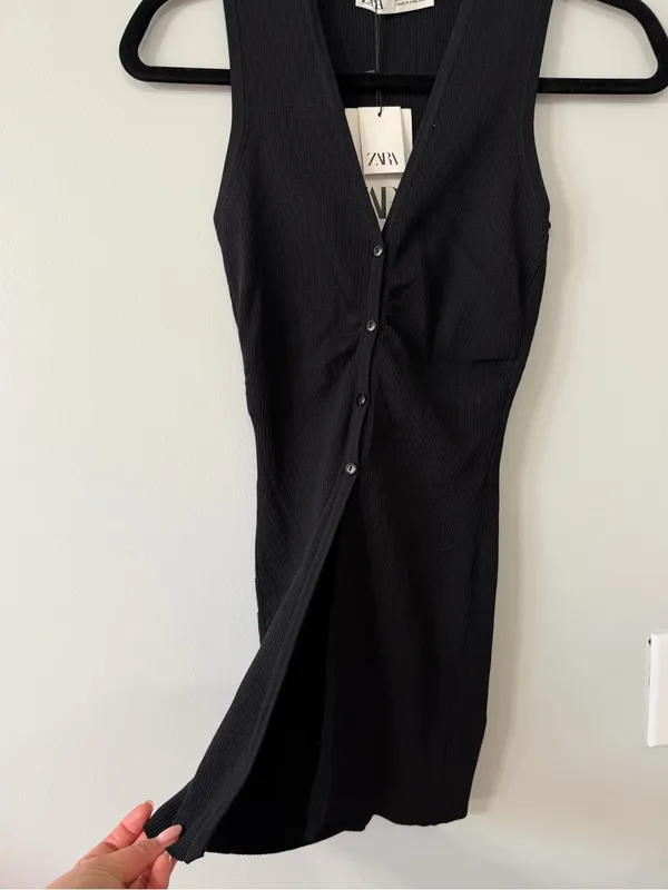Zara Ribbed Button Front Longline Top Black Size Medium NWT - Image 6
