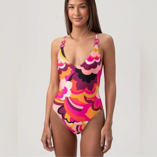Trina Turk NWT WOMEN'S FAN FAIRE‎ TWIST BACK HALTER PLUNGE ONE PIECE SWIMSUIT - Image 7