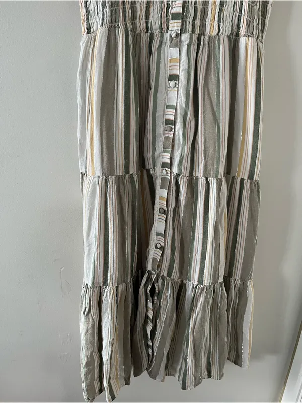 Green White Striped Cotton Tiered Button Up Maxi Dress Small Coastal Resort - Image 3