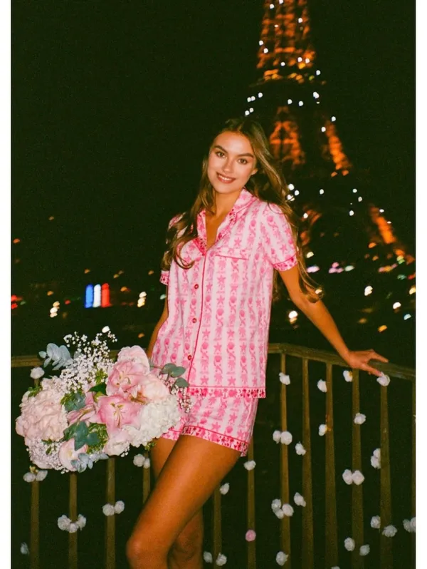 Pink Palm Puff Blush Bay Pajama Set Pink Supima Cotton Shorts Top XL - Image 3