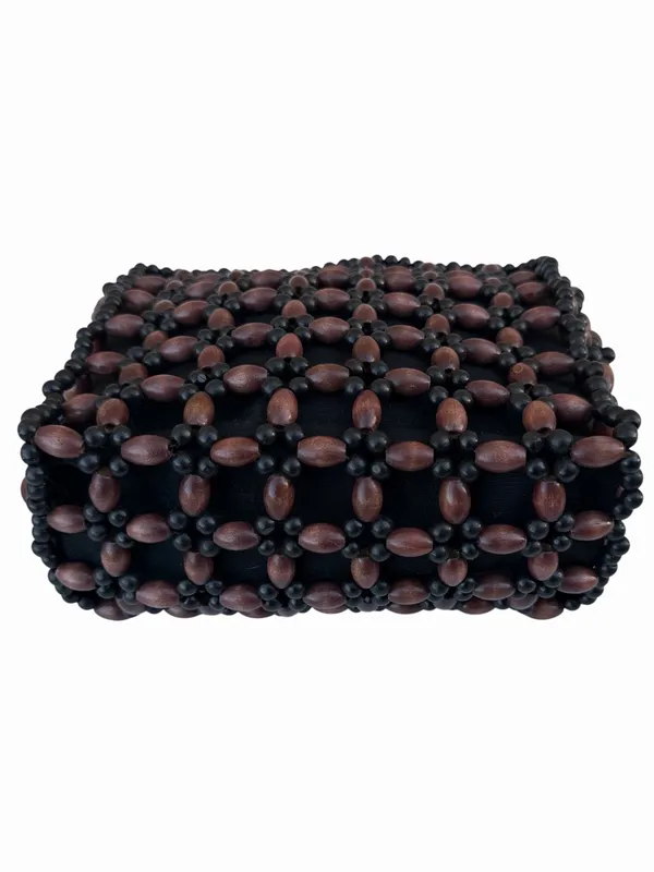 Wooden Black Brown Beaded Double Strap Snap Shoulder Bag - Image 5