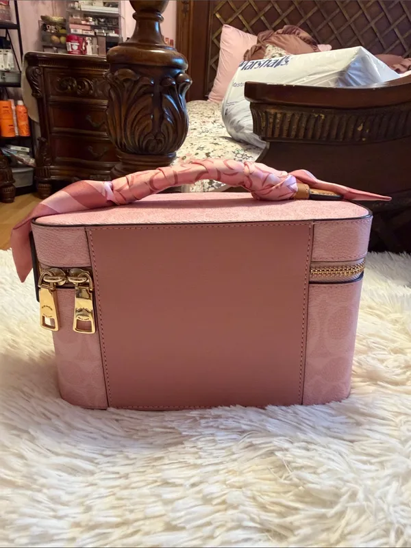 Coach Pink Signature Cosmetic Train Case with Scarf-Wrapped Handle - Image 2