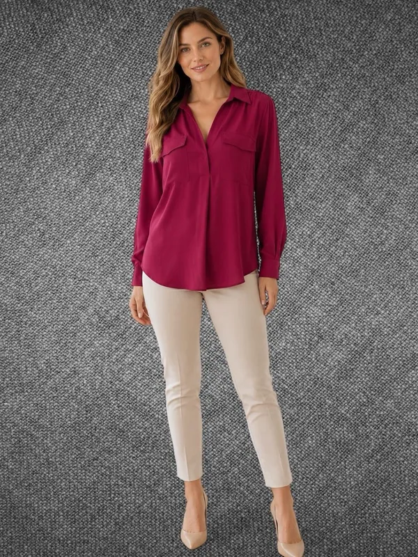 Ann Taylor Women’s Medium Magenta Long Sleeve Collared Polyester Blouse - Image 3