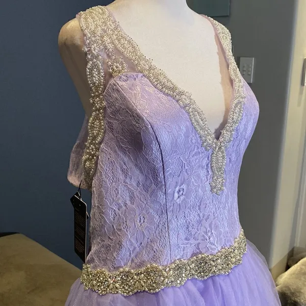 Women’s Purple Full Length V-Neck Silver Beaded Prom Party Dress Size 14 NWT - Image 3