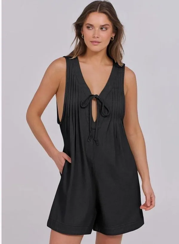 NEW Sleeveless Shorts Denim Romper Tie Front Jean Short Overall Pockets XS - Image 6