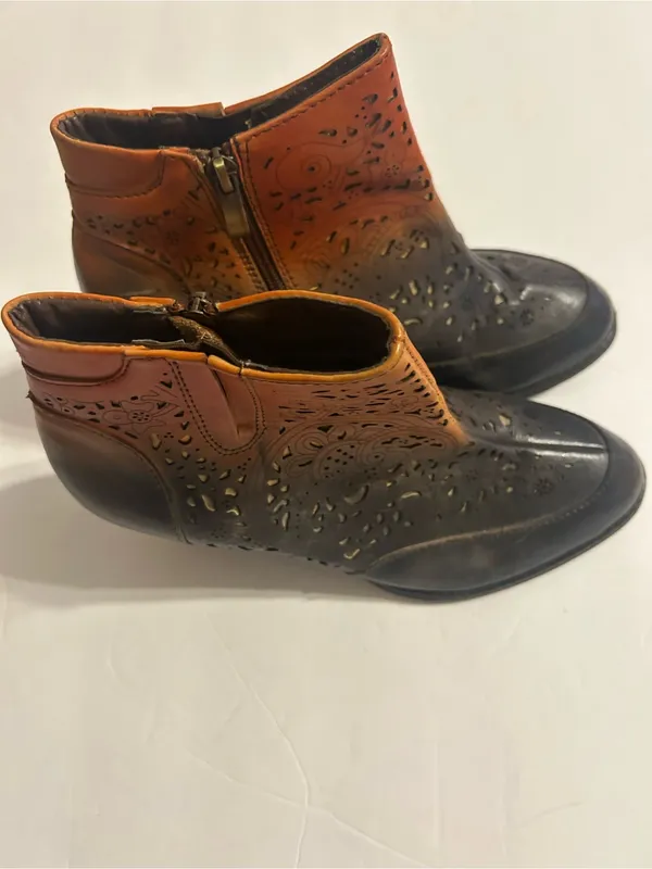 Perforated Two-Tone Leather Ankle Booties - Brown/Amber - Image 3